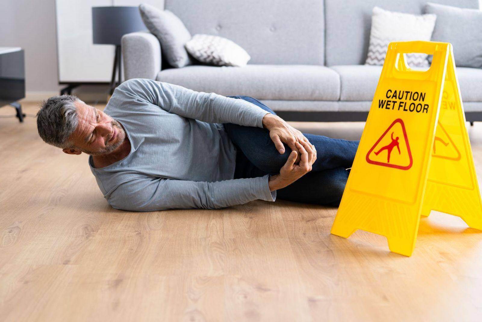 An injured man holding his injured knee after slipping in in Marietta, Georgia